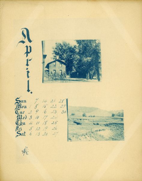 Page showing the month of April from the Hillside Home School calendar. Included are two small cyanotype photographs, one of a house and the other of a field of cattle.