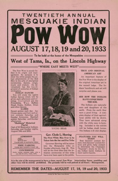 Poster promoting the twentieth annual Mesquakie Indian Powwow in Iowa. The poster features a portrait of Young Bear.
