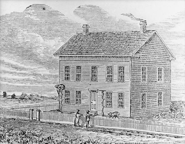 Drawing of the Solomon Juneau house on East Michigan. There are tethered bears on either side of the front door. Two people are leaning on the fence, watching the animals.