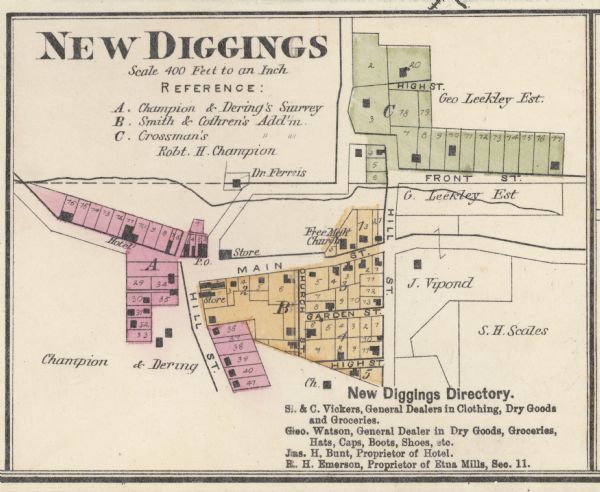 Map of New Diggings &#8212; inset map in bottom right corner of "Benton & New Diggings" map, on page 11 of "Atlas of Lafayette County Wisconsin," a collection of maps drawn from actual surveys and county records. Published by Harrison & Warner in Madison, Wisconsin.