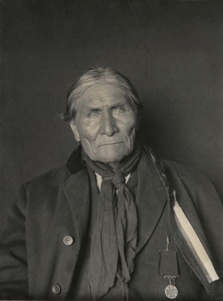 Portrait of Goyathlay (One Who Yawns), called Geronimo, Medicine Man, Prophet and Leader, with Medal. Part of Athapascan, Chiricahua and Apache Tribes.