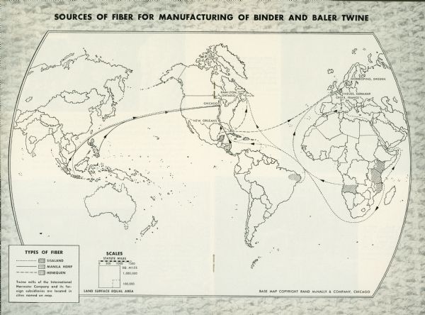 A map showing the sources of fiber for the manufacture of binder and baler twine, as seen in the booklet: "The Story of Twine in Agriculture".