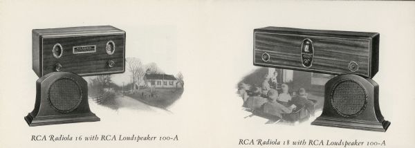 Two models of the RCA Radiola radio with RCA loudspeakers intended for classroom use.