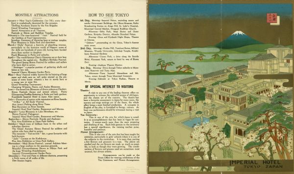 English-language brochure advertising Frank Lloyd Wright's Imperial Hotel in Tokyo, Japan, with front cover illustration and back cover schedule of events.