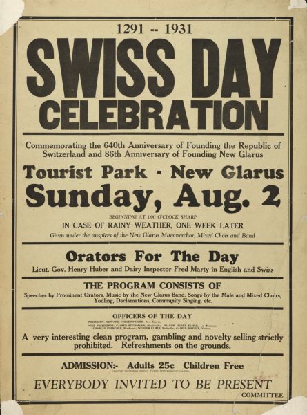 Advertisement for a celebration to commemorate the 640th anniversary of the founding of the Republic of Switzerland and the 86th anniversary of the founding of New Glarus.
