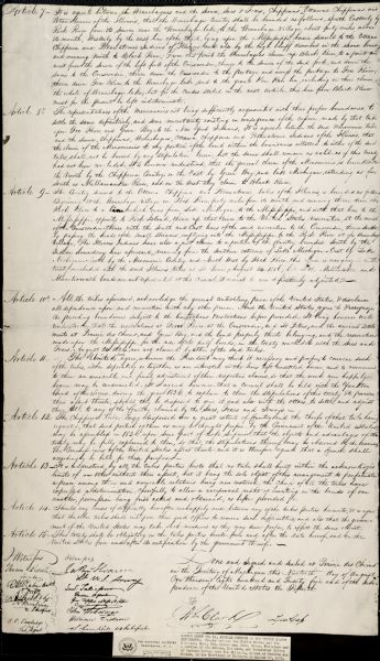 Second page of the Treaty between the United States and the Chippewa, Sauk, Fox, Menominee, Iowa, Sioux, Winnebago and a portion of the Ottawa, Chippewa, and Potawatomi Tribes of Indians living upon the Illinois, signed at Prairie des Chiens, in the Territory of Michigan on August 19, 1825.
