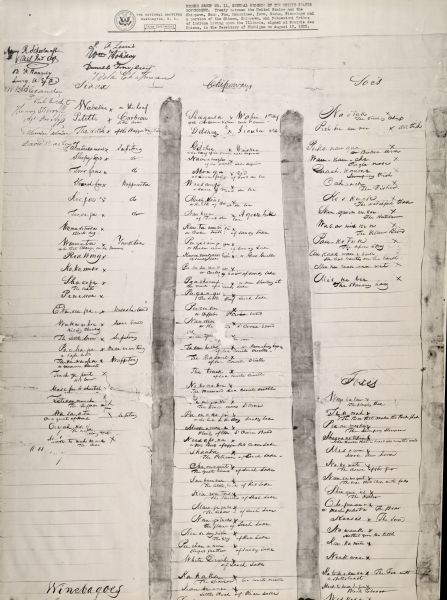 Third page of the Treaty between the United States and the Chippewa, Sauk, Fox, Menominee, Iowa, Sioux, Winnebago and a portion of the Ottawa, Chippewa, and Potawatomi Tribes of Indians living upon the Illinois, signed at Prairie des Chiens, in the Territory of Michigan on August 19, 1825.