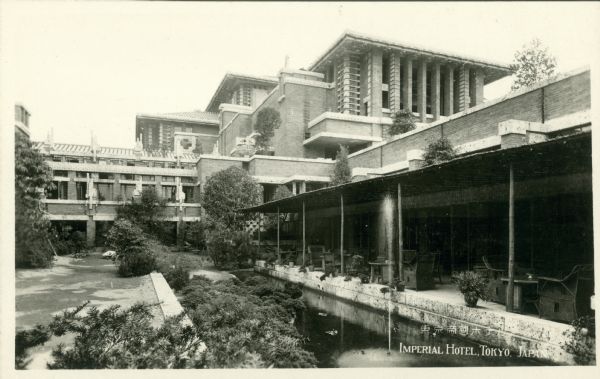 Courtyard and gardens of the Imperial Hotel, in Tokyo, Japan, designed by architect Frank Lloyd Wright.