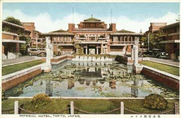 Reflecting pond and main entrance to the Imperial Hotel, in Tokyo, Japan, designed by architect Frank Lloyd Wright.