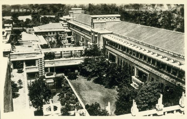 Aerial view of the courtyards and portions of the Imperial Hotel, in Tokyo, Japan, designed by Frank Lloyd Wright.