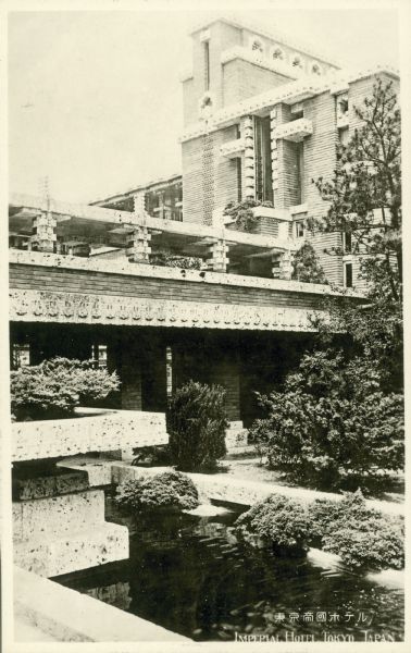 Exterior of a portion of the Imperial Hotel, Tokyo, Japan, designed by Frank Lloyd Wright.