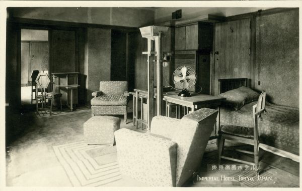 Hotel room at the Imperial Hotel, Tokyo, Japan, designed by Frank Lloyd Wright.  The furniture in the room was designed by Wright for the hotel.