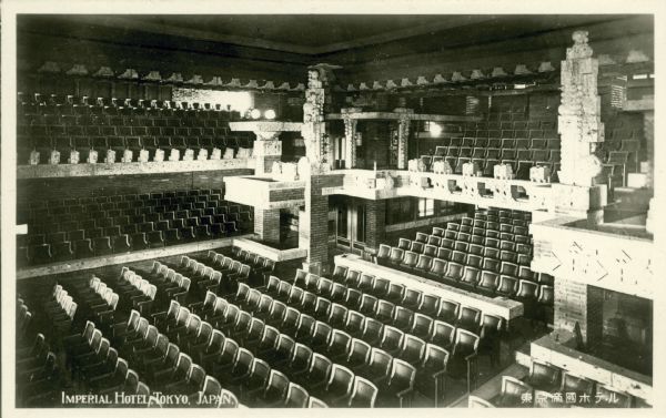 Interior of the theater of the Imperial Hotel, Tokyo, Japan, designed by architect Frank Lloyd Wright, showing the multiple levels of seats.