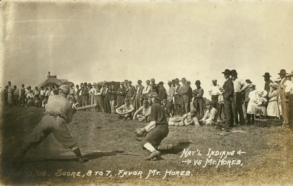Postcard snapshot from a baseball game. A handwritten caption reads: "Nat'l Indians vs. Mt. Horeb, Score, 8 to 7, favor Mt. Horeb."
