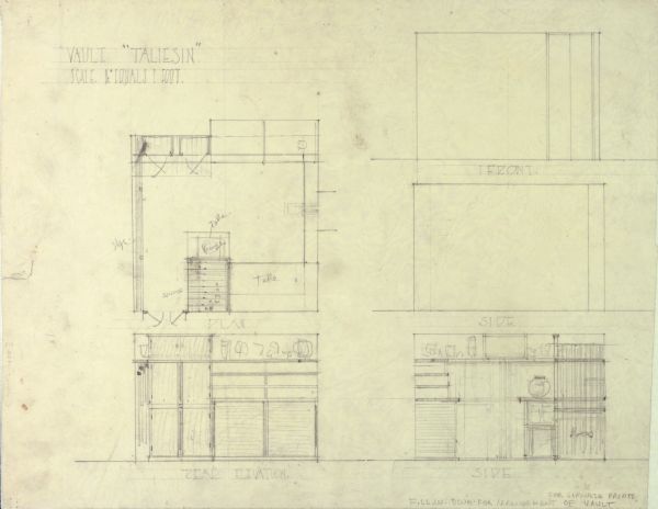Pencil drawing showing the plan and elevations of the Japanese print vault in the studio at Taliesin, the summer home of architect Frank Lloyd Wright. Taliesin is located in the vicinity of Spring Green, Wisconsin.