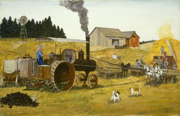 Painting of farmer with a steam powered tractor.