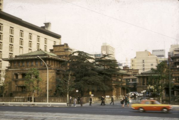Exterior of the Imperial Hotel, Tokyo, Japan, including a portion of the entry courtyard. The hotel was designed by architect Frank Lloyd Wright.