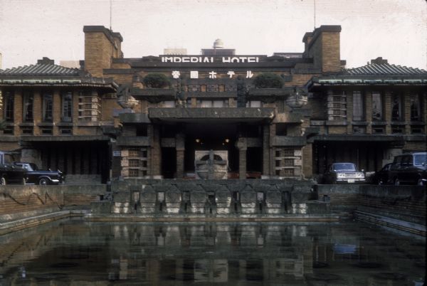 Imperial Hotel,Tokyo, Japan, main entrance and reflecting pool.  The hotel was designed by architect Frank Lloyd Wright.