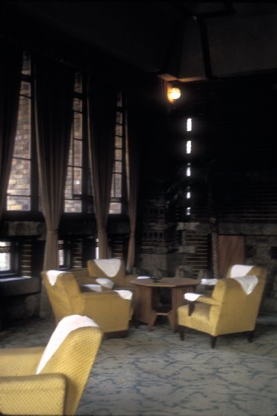 Seating group in the north lobby of the Imperial Hotel, Tokyo, Japan.  The hotel was designed by architect Frank Lloyd Wright.