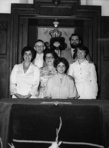 Katz family portrait at Marilyn's bat mitzvah. Foreground: Ruthie, Rosa, Marilyn, and Sue (daughter-in-law). Background: Bernard and Arthur. Temple B'nai Israel.