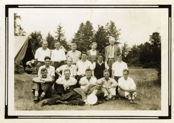 Group portrait of a group of Wisconsin Land Economic Inventory workers. John Bordner is in the center of the top row. Stanta Bordner is beside him.

Upper row: Hull, Aldrich, Bordner, Mrs. Bordner, Prof. Whiton; Middle row: De Walt, Hendrykson, Jipson, Steenis, Carew; Bottom row: Kampman, Risbrudt, Reif, Isaacson, Volk; In front: "Doc" Wilde