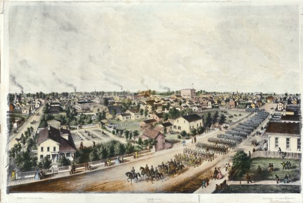 Birds-eye view of a Wisconsin Civil War regiment on parade in Fond du Lac, as drawn by Louis Kurz from the Marr Street Methodist Church. The regiment cannot be definitely identified, although only two regiments trained in Fond du Lac at Camp Hamilton (later Camp Hamilton). The 3rd Wisconsin Infantry marched off to war in July, 1861, wearing the gray uniforms issued to Wisconsin's first eight regiments; the 14th Regiment departed in March, 1862 wearing the blue uniforms that had by then become the Union standard.  The foliage suggests that Milwaukee lithographs Kurz & Seifert meant to depict the summertime departure of the 3rd, and that they changed the uniform color to satisfy the later standard.  After the war Kurz moved to Chicago and, in partnership with Alexander Allison, became famous for its historical chromolithographs.
