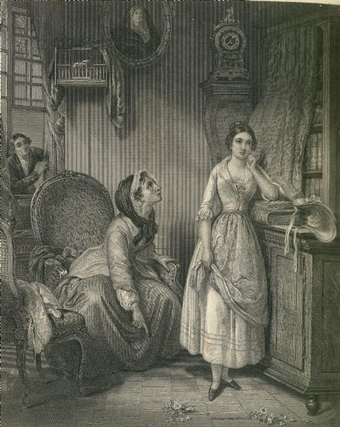 An engraving depicting a woman reprimanding a young woman, while a young man looks in at a window in the background.