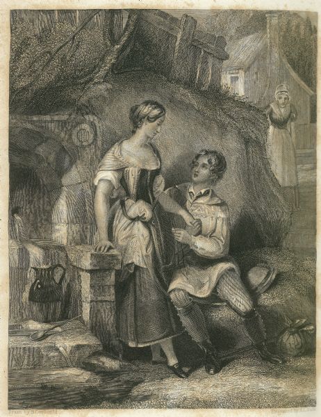 Illustration of a young couple romancing by a well as another young woman watches from behind.