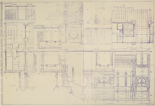 Architectural drawing reproduction of a portion of the Imperial Hotel, Tokyo, Japan, designed by architect Frank Lloyd Wright.  The drawing is titled "No. 25: Promenade and Private Dining Room Entrance."