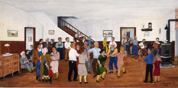 "This scene can be dated by the homemade calendar under the wall clock. It is December of 1927. Farmers were prospering at that time, as was the rest of the economy. Two years later, with the 'Crash of '29,' these same farmers would suddenly find themselves in dire financial straits. Still, parlor dances continued through the Depression as an inexpensive source of neighborhood fun. House parties could be called for any number of reasons. One unhappy but common reason, especially in the Depression, was a 'going-away' party for a family that was moving. Sometimes the family was leaving to buy another farm, more often they were just renters who were moving to another place, sometimes not very far away.<p>"Another excuse was a 'house-warming' dance for new neighbors moving in. It was important to get aquainted, for these rural farmers would soon be working together over the coming year.<p>A party would also be held as a congratulations for a young couple who had just announced their engagement. Probably this dance was not for that purpose, for there are fewer teen-age participants.<p>"Occasionally dances were held in country schools. One drawback to these was that rural school boards sometimes were reluctant to allow neighbors to show up with a jug of homemade wine, an event quite acceptable at a house party. Notice the glasses happily being filled by the host in the kitchen.<p>"Most often, however, the only excuse for such a farmhouse dance was that a week had passed since the last one. In many rural neighborhoods, dances were held once a week from the end of the harvest in the fall until spring planting was ready to begin. These parties rotated around the neighborhood. Favorite spaces included good-sized parlors, especially one with a pump organ or piano. Even a large kitchen with enough space for a set or two of dancers could be used for a house party.<p>"This particular farm parlor in the painting seems to be of enormous size, perhaps a trick of memory. When most of the furniture had been carried to another room or out onto a porch, farm parlors did indeed look much bigger, especially to young participants, than they did in everyday life." (Chester Garthwaite, Threshing Days: the Farm Paintings of Lavern Kammerude, 1990, page 83.)<p>"I coaxed a few details out of him [Kammerude]. 'Well... that guy taking off his coat--he can hardly wait to get his coat off, 'cause he's spotted those guys in the back room pouring the homemade wine.' He indicated the fiddle player in the corner and admitted, 'I tried to make him look like you [Philip Martin]. And the accordion player is Rick March [of the Wisconsin Arts Board, plays the accordion]." (Philip Martin's preface from Chester Garthwaite, Threshing Days, page 6.)</p>