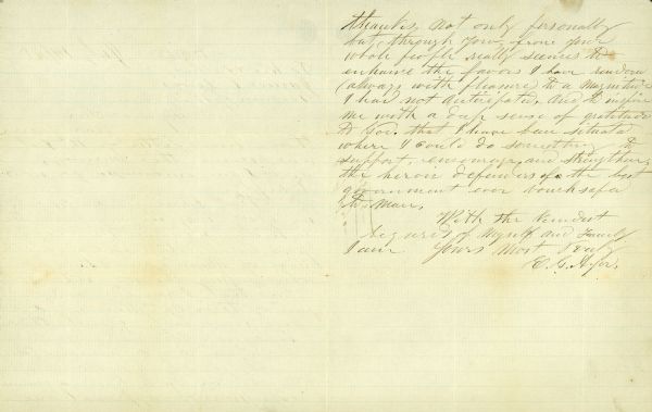 The second page of a letter written by E.G. Ayer of Harvard, Illinois, to Wisconsin Governor James T. Lewis, in gratitude for the governor's thanks for caring for Wisconsin soldiers.