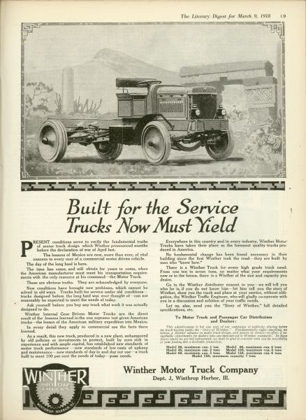 Advertisement for a truck made by the Winther Motor Truck Company. Headline says, "Built for the Service - Trucks Now Must Yield".