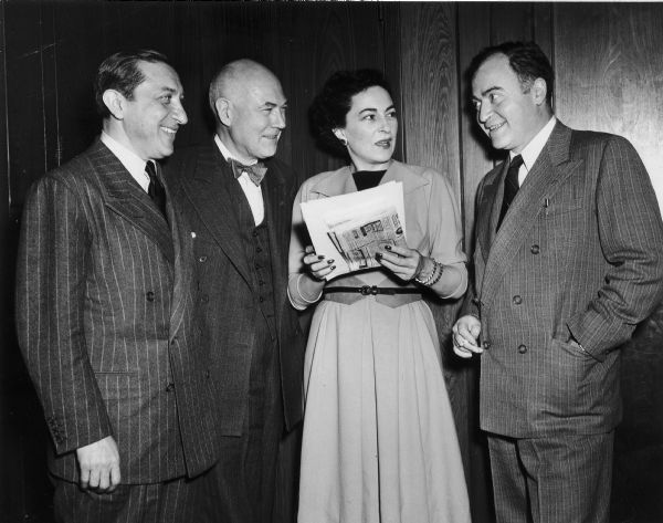 From left to right are Louis Lotito, representing the League of New York Theatres, Warren Munsell, director of Convention Theatre Ticket Service, Irene Selznick, producer of "A Streetcar Named Desire," and Kermit Bloomgarden, producer of "Death of a Salesman."