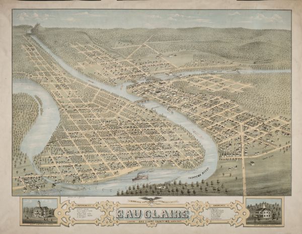 Birds-eye drawing of Eau Claire depicts street names and street locations, houses, trees, bridges, piers, canals, railroads, and the Chippewa and Eau Claire rivers. A reference key at the bottom of the map shows the locations of the city's courthouse, East Side Public School, West Side Public School, West Side Park, University Square, Railroad Depot, and specific denominational churches (Baptist, Presbyterian, Congregational, Baptist, Methodist, Lutheran, Roman Catholic, and Universalist). At the bottom left of the map is an inset street-view drawing of the West Side Public School, and at the bottom right of the map is an inset street-view drawing of the East Side Public School.