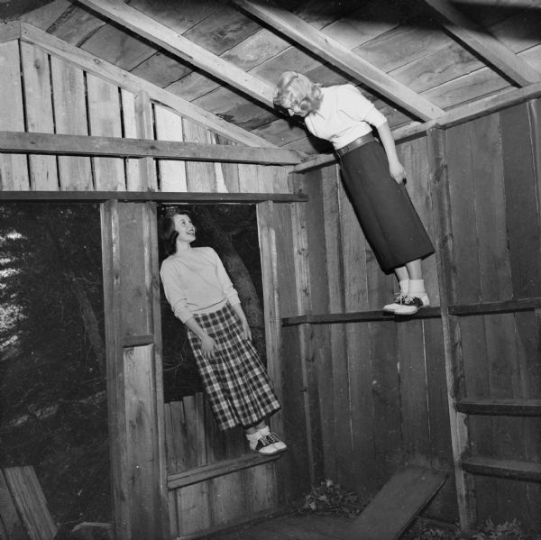 Harriet Anderson (whose name has since changed to Penny Hilley) and Nancy Waterman at the Wonder Spot in Lake Delton in the Wisconsin Dells.