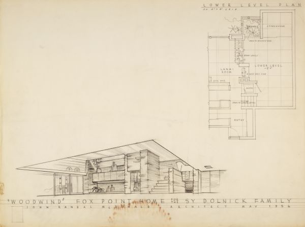Interior perspective drawing and floor plan of the Sy Dolnick Residence designed by John Randal McDonald.