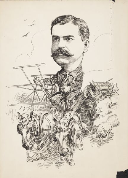 Caricature of "Cyrusie" McCormick operating a horse-drawn McCormick reaper.