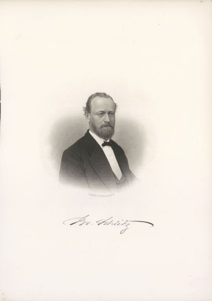 Engraved portrait of Joseph Schlitz. His signature is beneath the image.