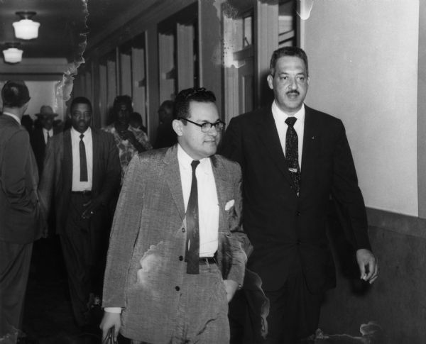 Wiley Branton (left), the Little Rock NAACP attorney, and Thurgood Marshall, the special counsel of the NAACP, at the U.S. Court of Appeals hearing on the Little Rock school desegregation case in St. Louis.