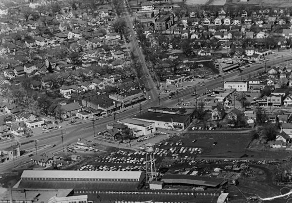 Aerial view of Union Corners intersection of East Washington Avenue, Milwaukee Street and North Street looking north. The Rayovac building is in the foreground.
