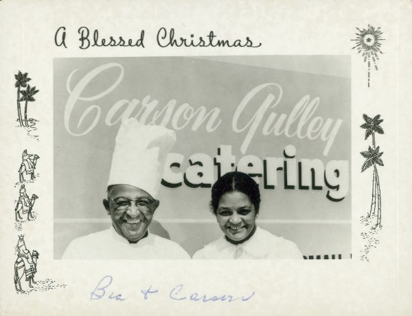 Bea and Carson Gulley's Christmas card promoting their catering service. Text on the card reads: "A Blessed Christmas."