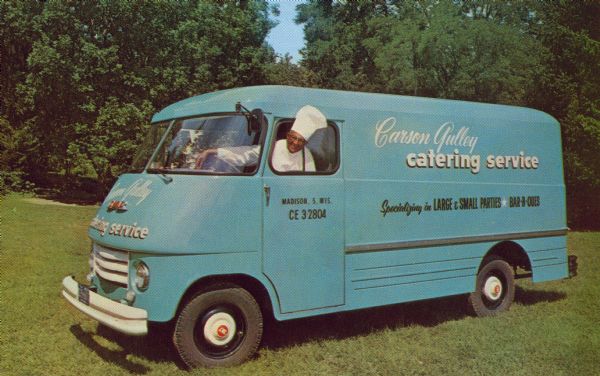 Carson Gulley, in chef's hat, is leaning out of the driver's side of his catering truck. The promotional card indicates that the chef specialized in large and small parties.