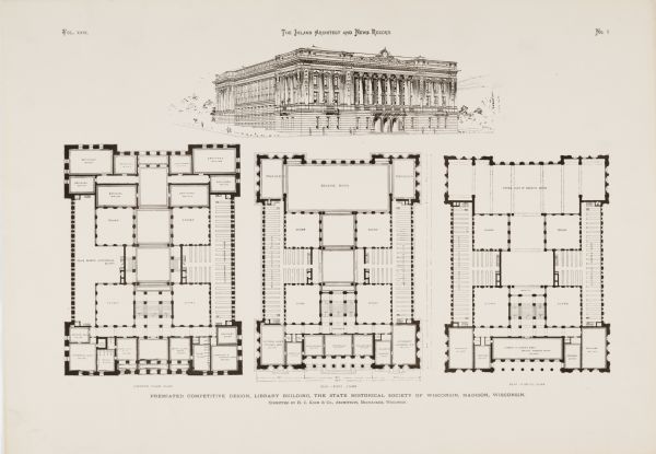 Front elevation and floor plans submitted by Milwaukee architect, H. C.Koch & Co., for the Wisconsin Historical Society building design competition.  The building commission preferred this design, but asked Ferry & Clas (also of Milwaukee), who had submitted a very different scheme, to revise the final plan according to Koch's concept.  The nod went to Ferry & Clas because they had previously designed the Milwaukee Public Library, which had also included the special requirement of a library and museum building.  This sheet appeared in Inland Architect and News Record.
