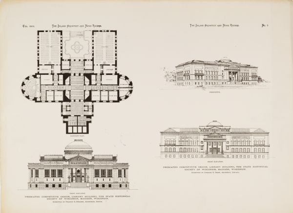 Unsuccessful elevations and floor plans submitted by Peabody & Stearns, of Boston, and Charles S. Frost, of Chicago, as part of the design competition for the Wisconsin Historical Society Building.  This sheet appeared in Inland Architect and News Record.