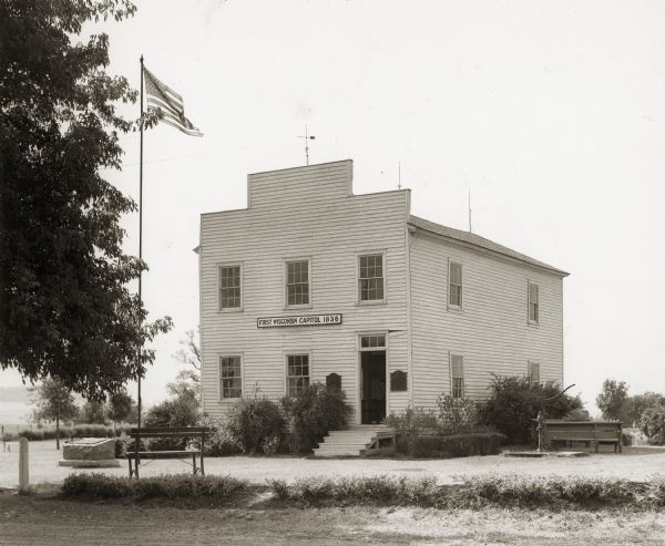 Leslie (formerly Old Belmont), Wisconsin. The first Wisconsin Terrritorial Capitol, a building rented by the Legislature which met there for 46 days in 1836. The building is shown after restoration in 1924.