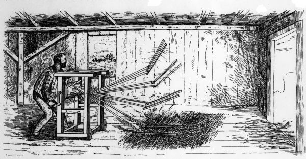 Drawing of a man threshing grain with a flail thrashing machine.
