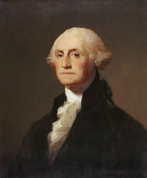 Waist-up portrait of George Washington, copied from the Athenaeum portrait by Gilbert Stuart, painted in 1796.
