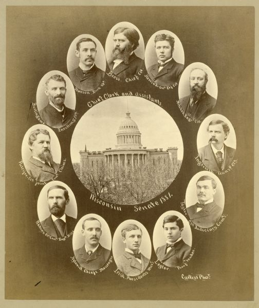 Composite photograph of the Wisconsin Senate Clerks around a photograph of the Wisconsin State Capitol.