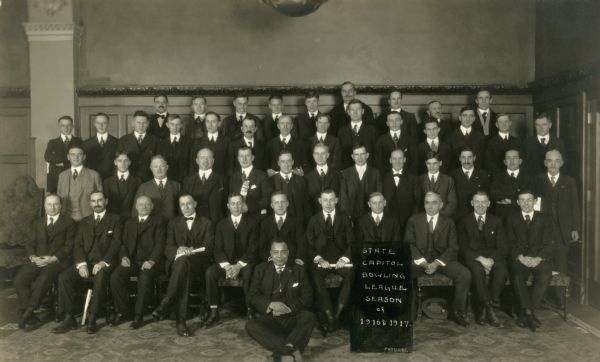 Group portrait of the State Capitol Bowling League for 1916 and 1917.