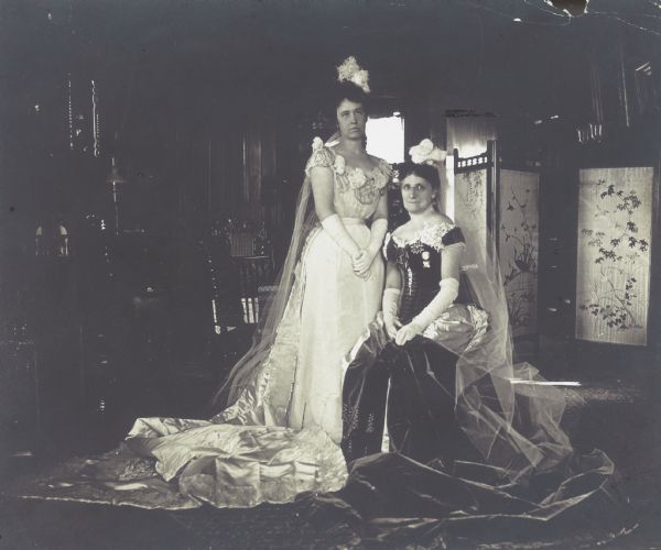 Frances (Bull) Fairchild (1845-1924), right, wife of Wisconsin Governor Lucius Fairchild, and her daughter Caryl (b. 1875), probably Madison, WI. Both are wearing court dresses for presentation to royalty. Caryl's dress was made from yellow silk satin. Mrs. Fairchild's dress was purple velvet with lavender satin.

Frances Fairchild's dress, designed by Charles Frederick Worth, Paris, France, for presentation to the Spanish court in 1880.